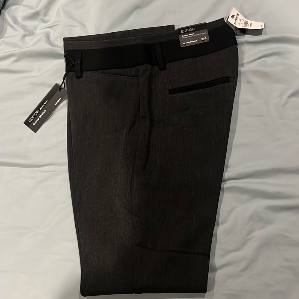 Express Editor Dark Grey/Black Dress Pants barely boot studio stretch